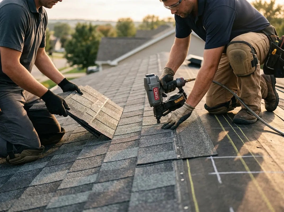 Professional roofer working on a residential roof in Fife
